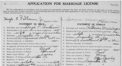 1937 marriage license of Hugh E. Rodham to Catherine Meisinger (FamilySearch.org)