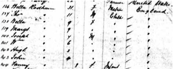 Ship’s log showing Bella Rodham and her children arriving in New York in 1882. (FamilySearch.org)