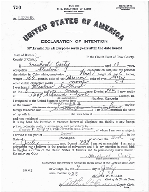 Declaration of Intention to become a U.S. citizen for Michael Carty completed in 1923 when he was still using the original version of his name. Source: Cook County Clerk of the Circuit Court