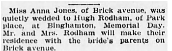 Announcement of Hugh Rodham’s marriage to Anna Jones in the Scranton Tribune Times.
